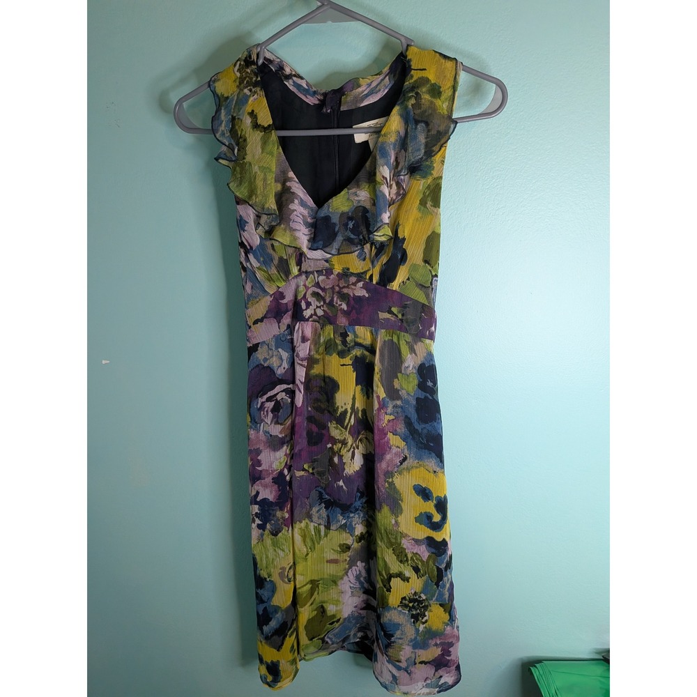 Ann Taylor Loft Petites Floral Chiffon Ruffle V-Neck Dress 6P Watercolor Purple